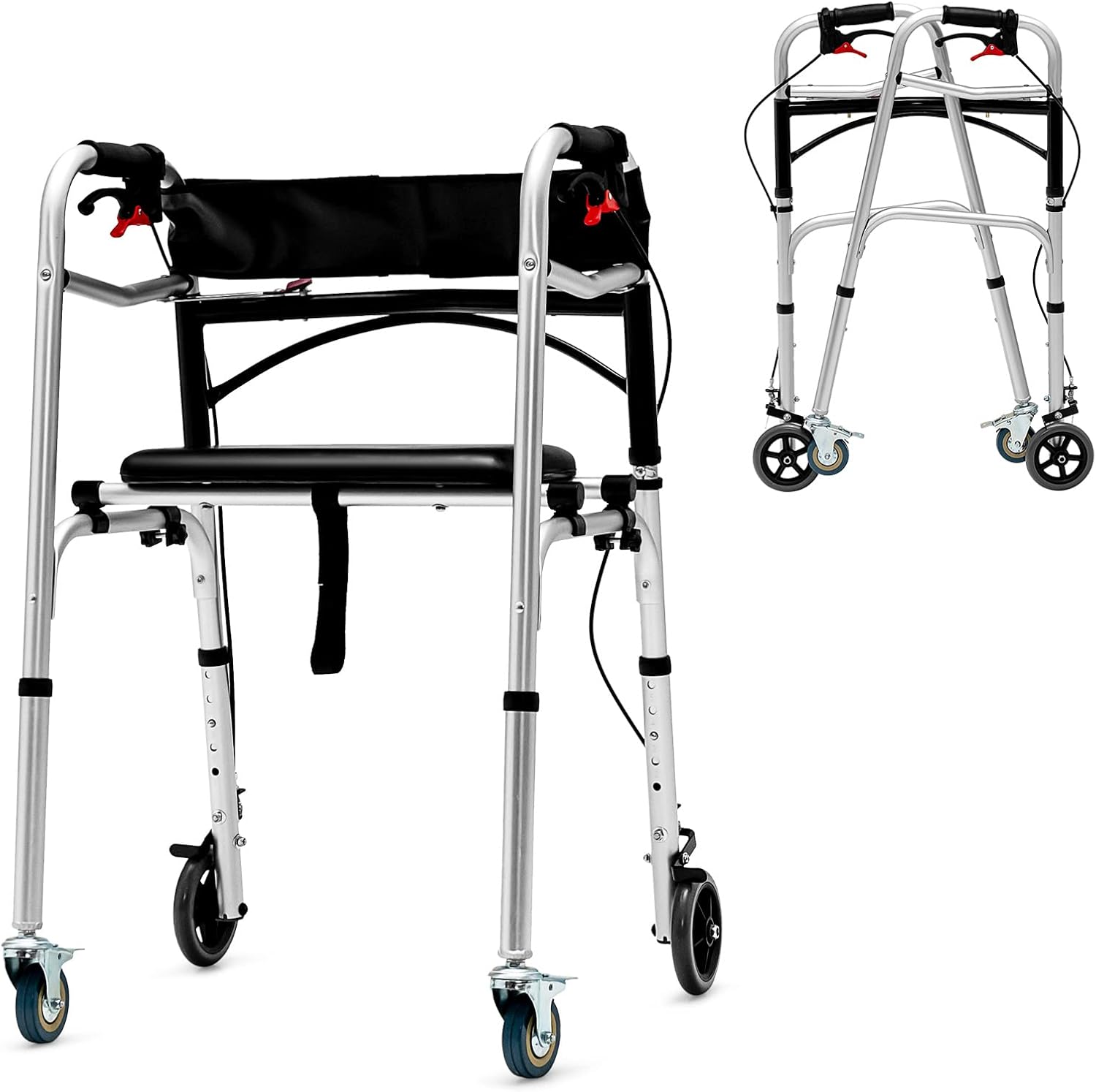 SAFSTAR 2-Button Folding Walker, Rollator Walker with Seat & Wheels, Height Adjustable Stand Up Walkers w/Brakes, Reversible Seat Cushion, Heavy Metal Frame Backrest, Upright Walkers for Seniors