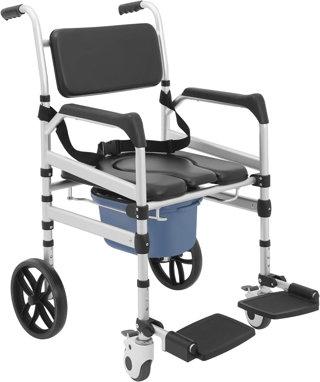 Foldable Shower Chair with Wheels, Rolling Shower Wheelchair Bedside Commode Chair with Arms, Portable Height Adjustable Bathroom Shower Chair for Seniors Adult Disabled (U-Shaped)