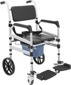 Foldable Shower Chair with Wheels, Rolling Shower Wheelchair Bedside Commode Chair with Arms, Portable Height Adjustable Bathroom Shower Chair for Seniors Adult Disabled (U-Shaped)
