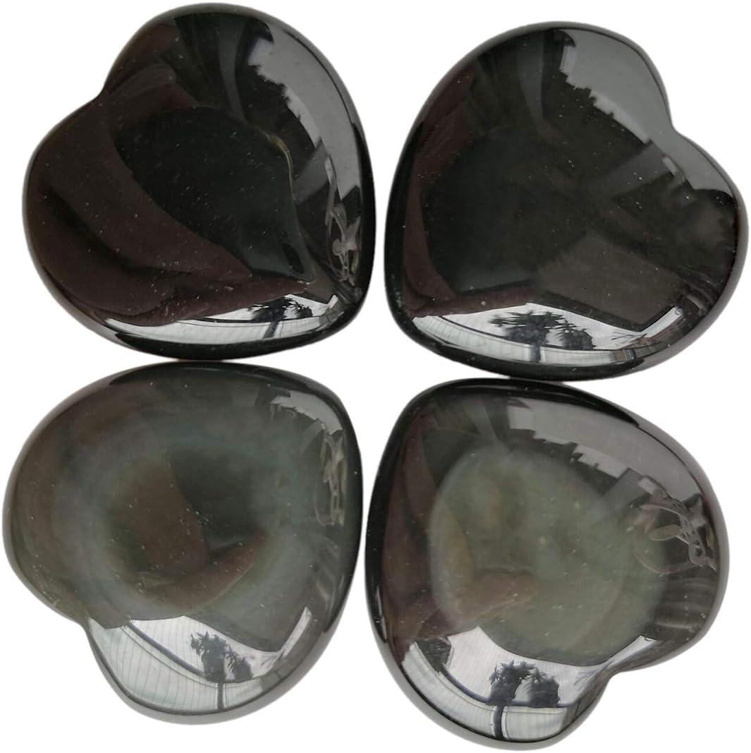 4 Pcs Natural Black Obsidian Love Heart Palm Stone Reiki Balancing Worry Stone(1 Inch)
