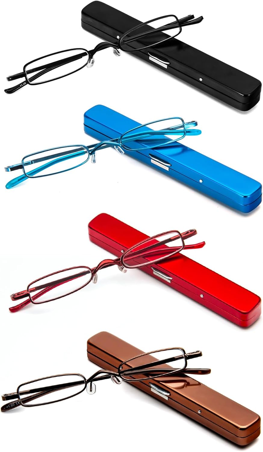 MMOWW Small Reading Glasses Men Women 4 Pairs Slim Pocket Readers with Pen Clip Metal Case Spring Hinge (Black/Blue/Red/Brown, +1.0)