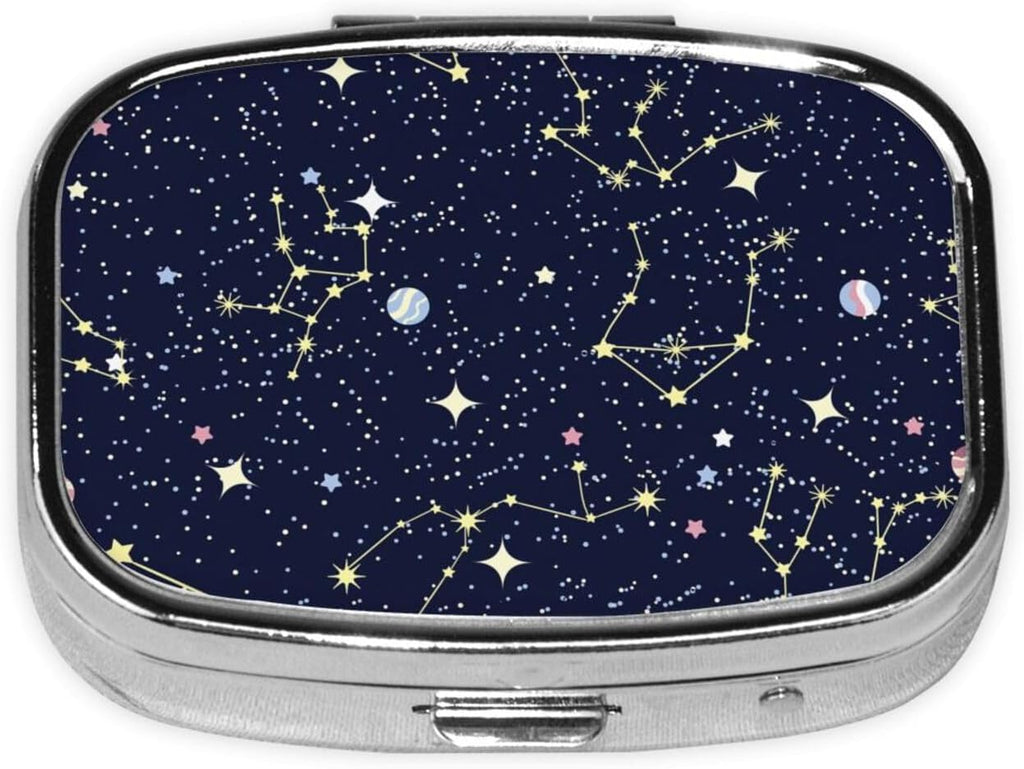 Pill Case Blue Zodiac Galaxy Starry Night Stars Glow in The Dark Midnight Pill Box with Mirror Retro Pocket 2 Compartment Medicine Case Vitamin Pill Organizer for Pocket Purse and Travel Gifts