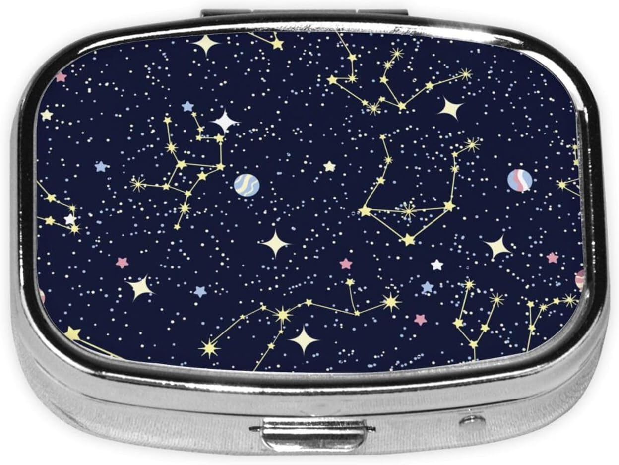 Pill Case Blue Zodiac Galaxy Starry Night Stars Glow in The Dark Midnight Pill Box with Mirror Retro Pocket 2 Compartment Medicine Case Vitamin Pill Organizer for Pocket Purse and Travel Gifts