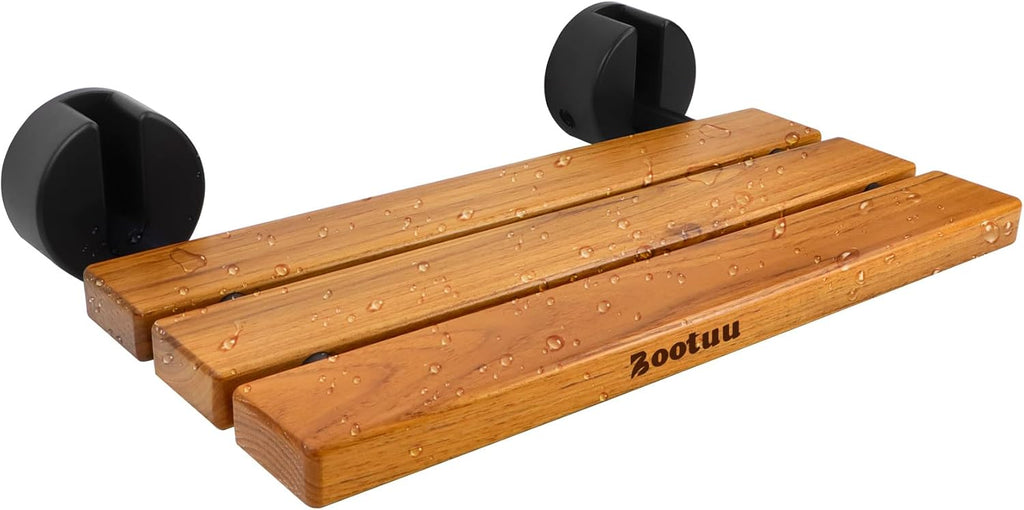 20 Inchs Teak Folding Shower Seat Wall Mounted, Folding Shower Seat with 400 Lb. Weight Capacity (Black Cover)