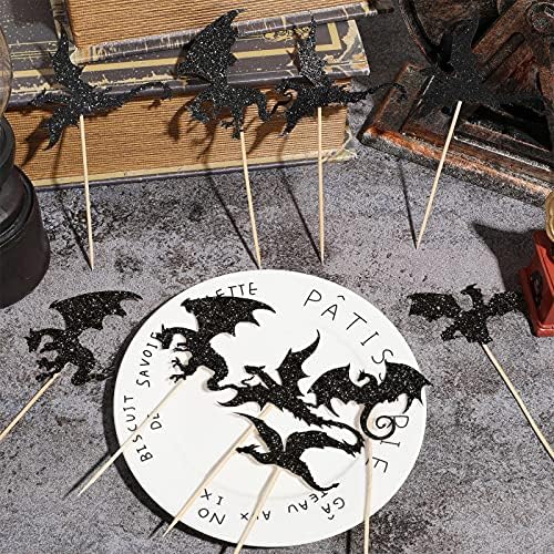 Gersoniel 36 Pieces Dragon Cupcake Toppers Black Glitter Cake Picks Cool Dinosaur Cupcake Topper for Dragon Themed Party Birthday Christmas Fantasy Themed Party Decoration, 6 Styles