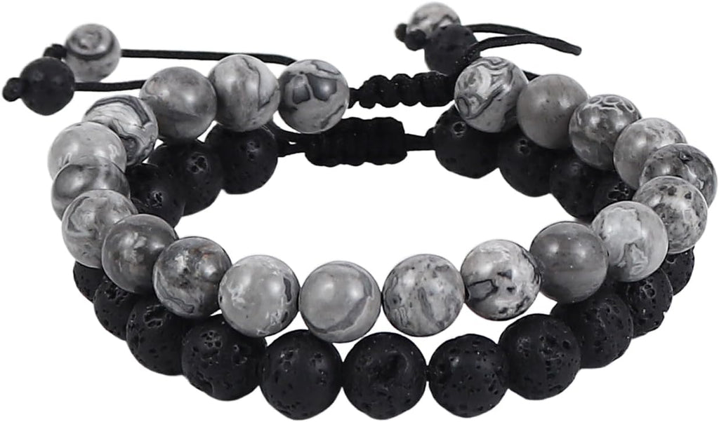 Caiyao 2Pcs Matte Lava Rock Volcanic Stone Beads Stretch Bracelet Stacking Essential Oil Diffuser Tiger Eye Seed Energy Yoga Bracelet for Men Women Couple Stress Relief Healing Aromatherapy Jewelry