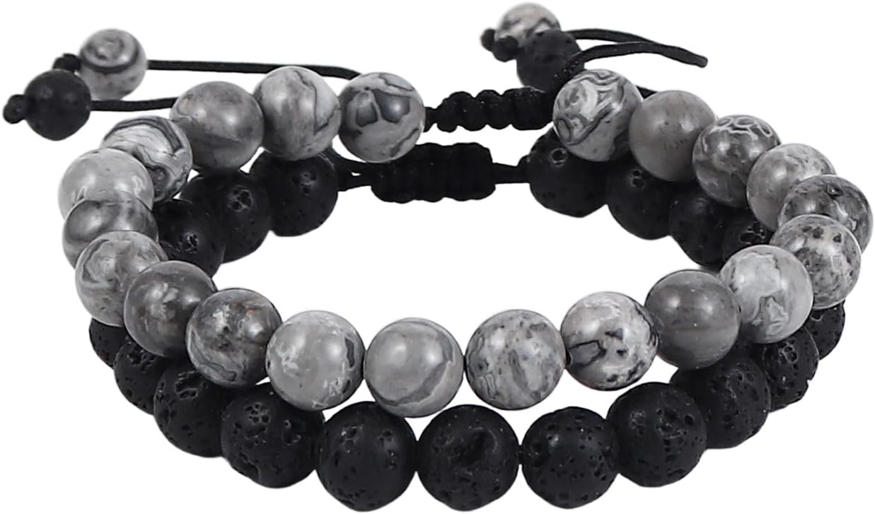 Caiyao 2Pcs Matte Lava Rock Volcanic Stone Beads Stretch Bracelet Stacking Essential Oil Diffuser Tiger Eye Seed Energy Yoga Bracelet for Men Women Couple Stress Relief Healing Aromatherapy Jewelry