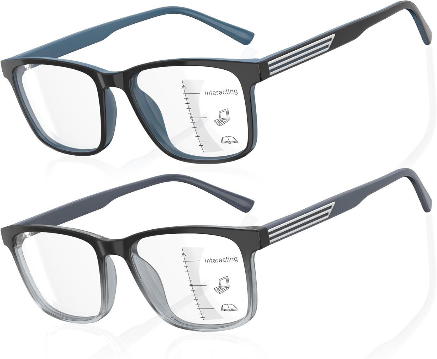 2 Pack Progressive Multifocus Reading Glasses Men Unbreakable TR90 Frame Temple Large Size Readers with Metal Inlays