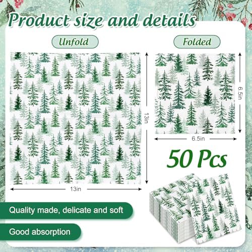 JarThenaAMCS 50Pcs Christmas Paper Napkins Watercolor Cedar Forest Disposable Napkin Xmas Winter Trees Luncheon Dinner Napkins for Holiday Party Tableware Supplies