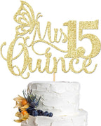 Mis Quince Cake Topper, 15th Birthday Decorations, Gold Glitter, 1 Piece