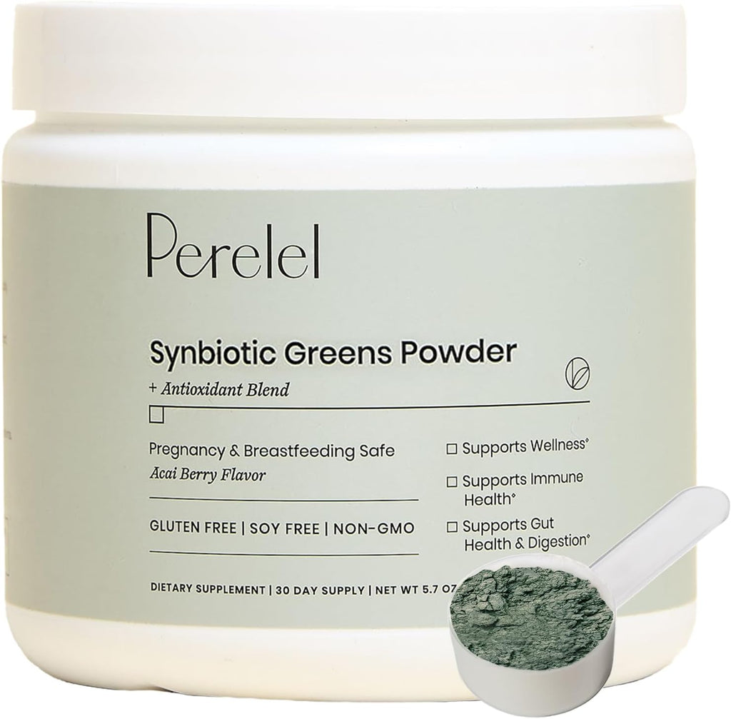 Perelel Synbiotic Greens Powder, Superfood Blend with Fruits, Vegetables, Probiotics, Fiber, Spirulina & Chlorella, Daily Greens Supplement, Soy & Gluten Free, Non GMO, Acai Berry Flavor, 30 Servings