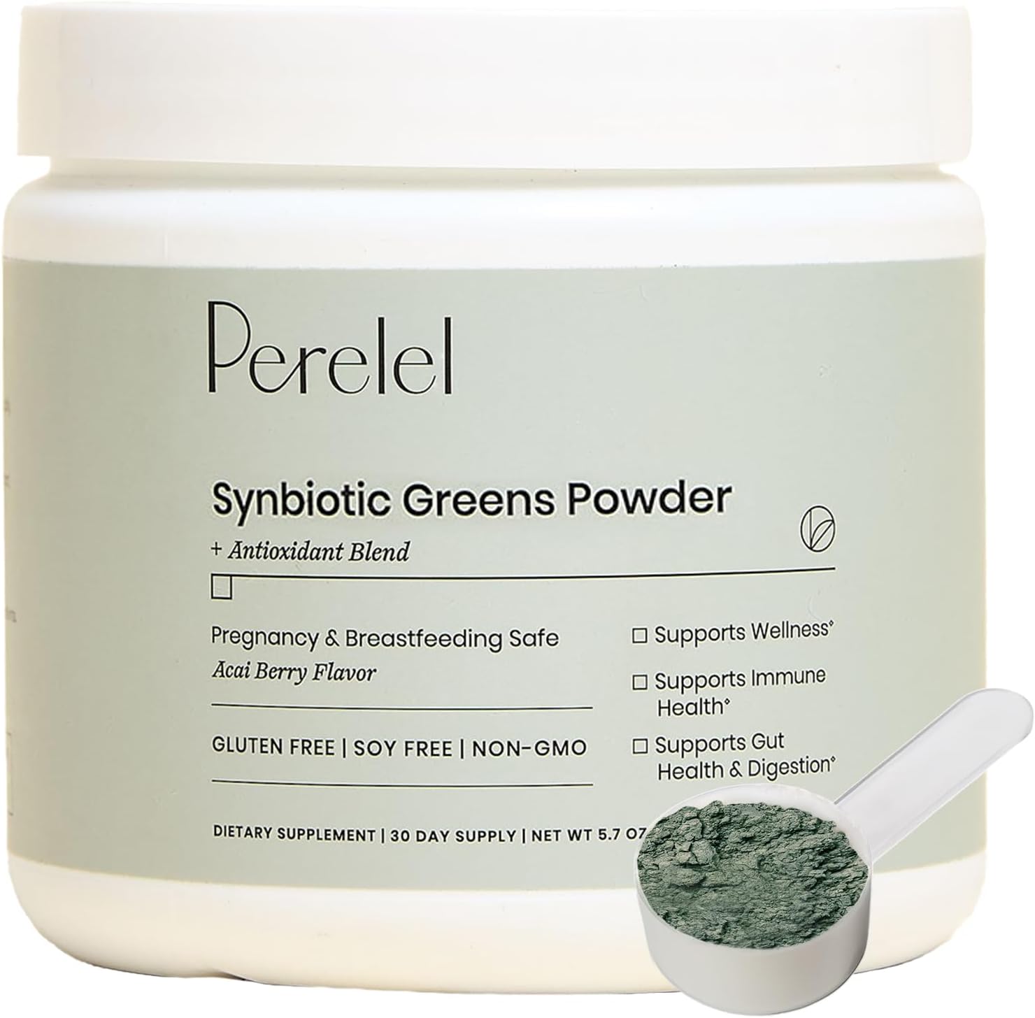 Perelel Synbiotic Greens Powder, Superfood Blend with Fruits, Vegetables, Probiotics, Fiber, Spirulina & Chlorella, Daily Greens Supplement, Soy & Gluten Free, Non GMO, Acai Berry Flavor, 30 Servings