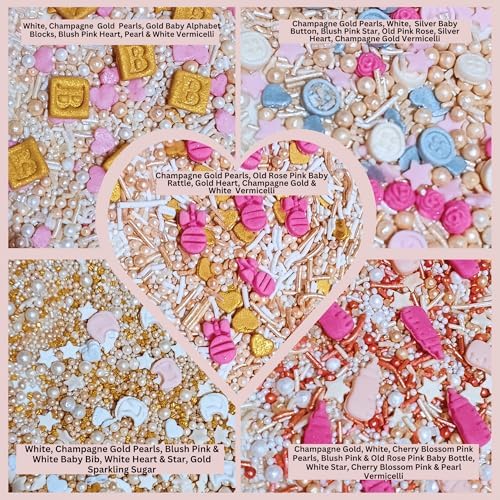 Confect Girls Baby Shower Sprinkles | Mix Baby Bib, Baby Feed Bottle, Button, Heart & Star Sprinkles | Assorted Pack of 5 Edible Sprinkles | Vegan, Gluten-Free, Nut-Free, Soy-Free, Dairy-Free, Palm Oil-Free - 5 Oz