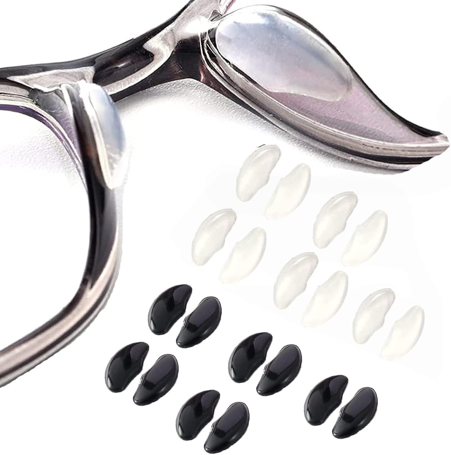 OPUGIT Eyeglass Nose Pads, Adhesive Soft Silicone Air Chamber, Comfortable Air Bag Nosepads for Eyeglasses Glasses Sunglasses,2mm,10 Pairs,Black/Transparent