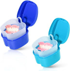 KISEER 2 Pack Colors Denture Bath Case Cup Box Holder Storage Soak Container with Strainer Basket for Travel Cleaning (Light Blue and Blue)