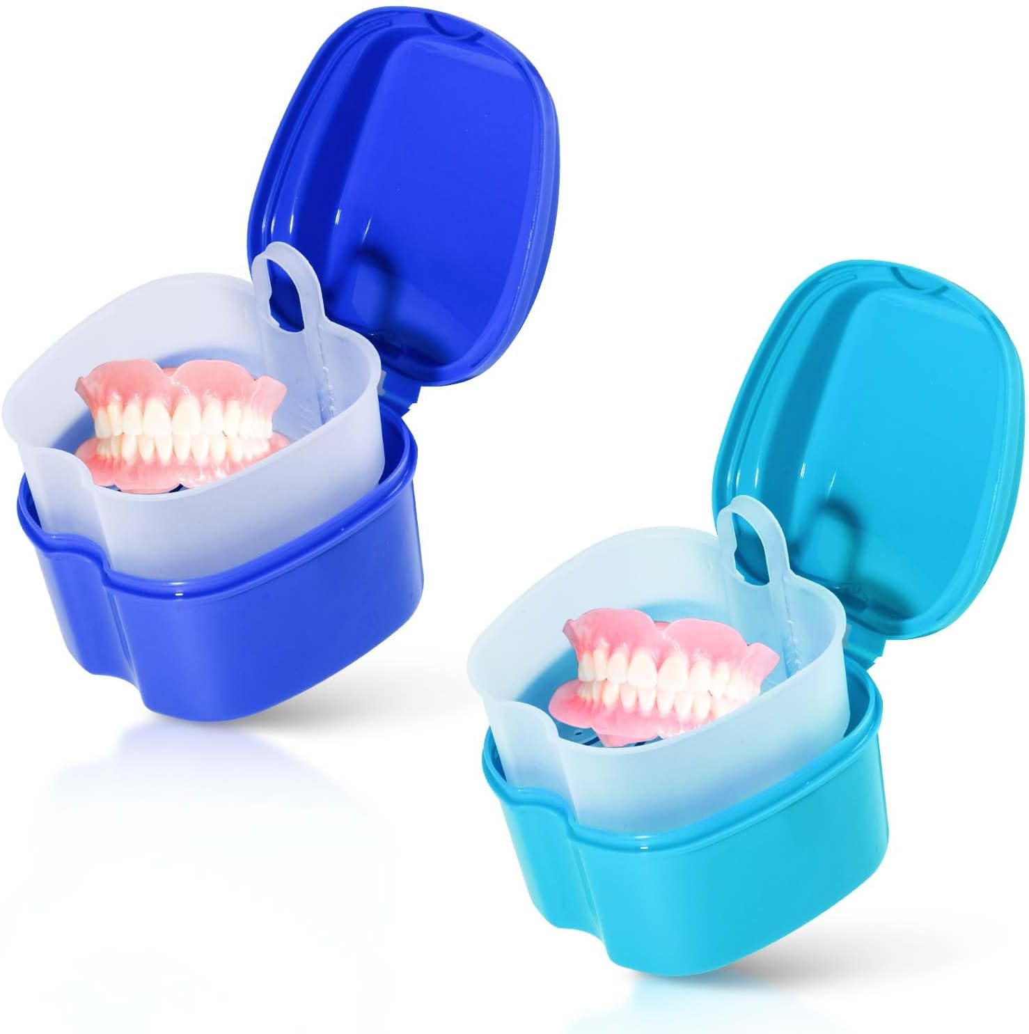 KISEER 2 Pack Colors Denture Bath Case Cup Box Holder Storage Soak Container with Strainer Basket for Travel Cleaning (Light Blue and Blue)