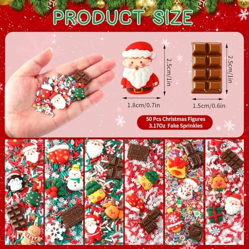 Jansun Christmas Fake Candy Sprinkle, 3.2 Ounces Polymer Clay Slices and 50 Pcs Christmas Figures Include Fake Chocolate Mini Resin Gingerbread Man Snowman for Xmas DIY Crafts