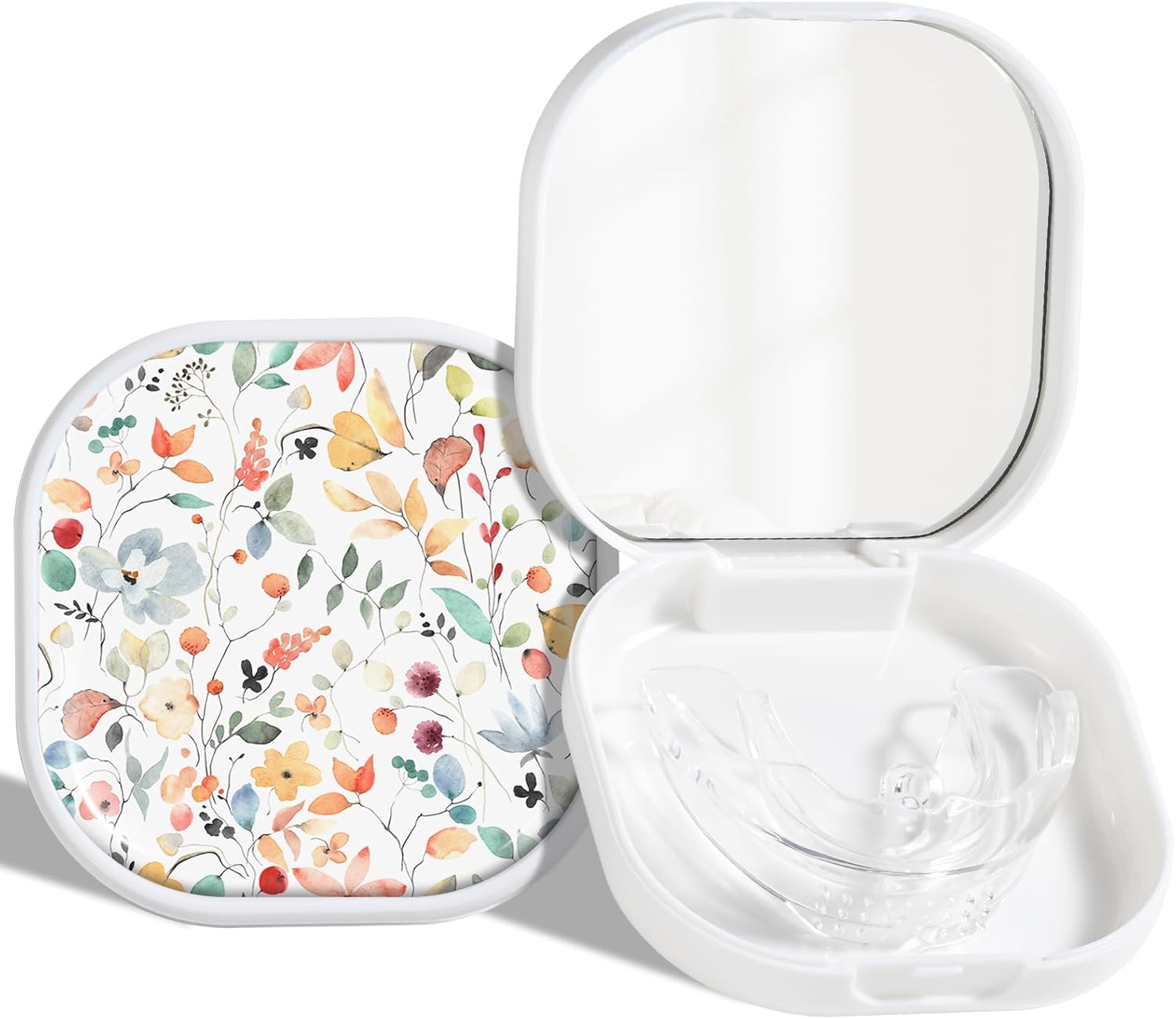 Retainer Case, Denture Case Night Guard Mouth Guard Compatible with Invisalign，With Mirror and Ventilation Holes，Colorful Bohemian Leaves