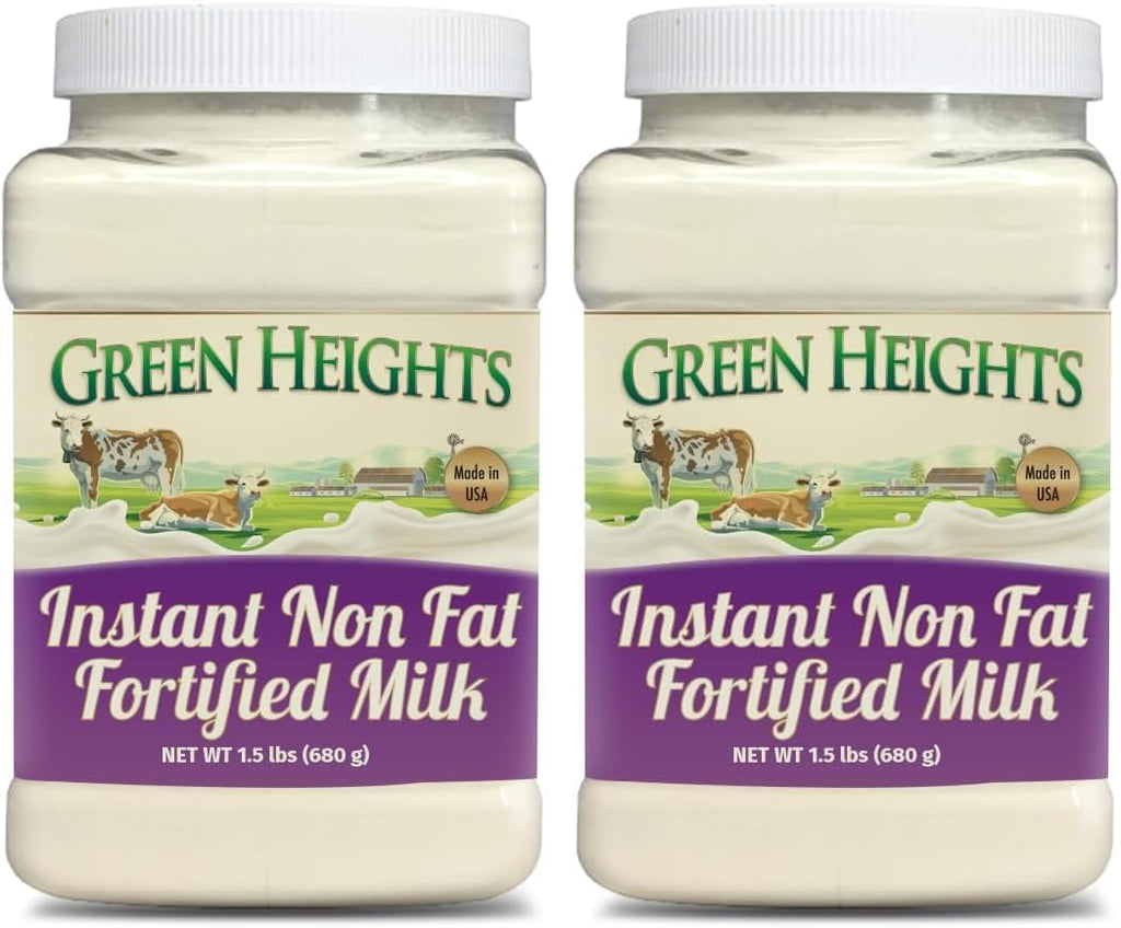 Instant Fortified Nonfat Milk Powder Jar 1.5 lbs - Proudly Made in America - Healthy Nourishing Essentials by Green Heights (Pack of 2)