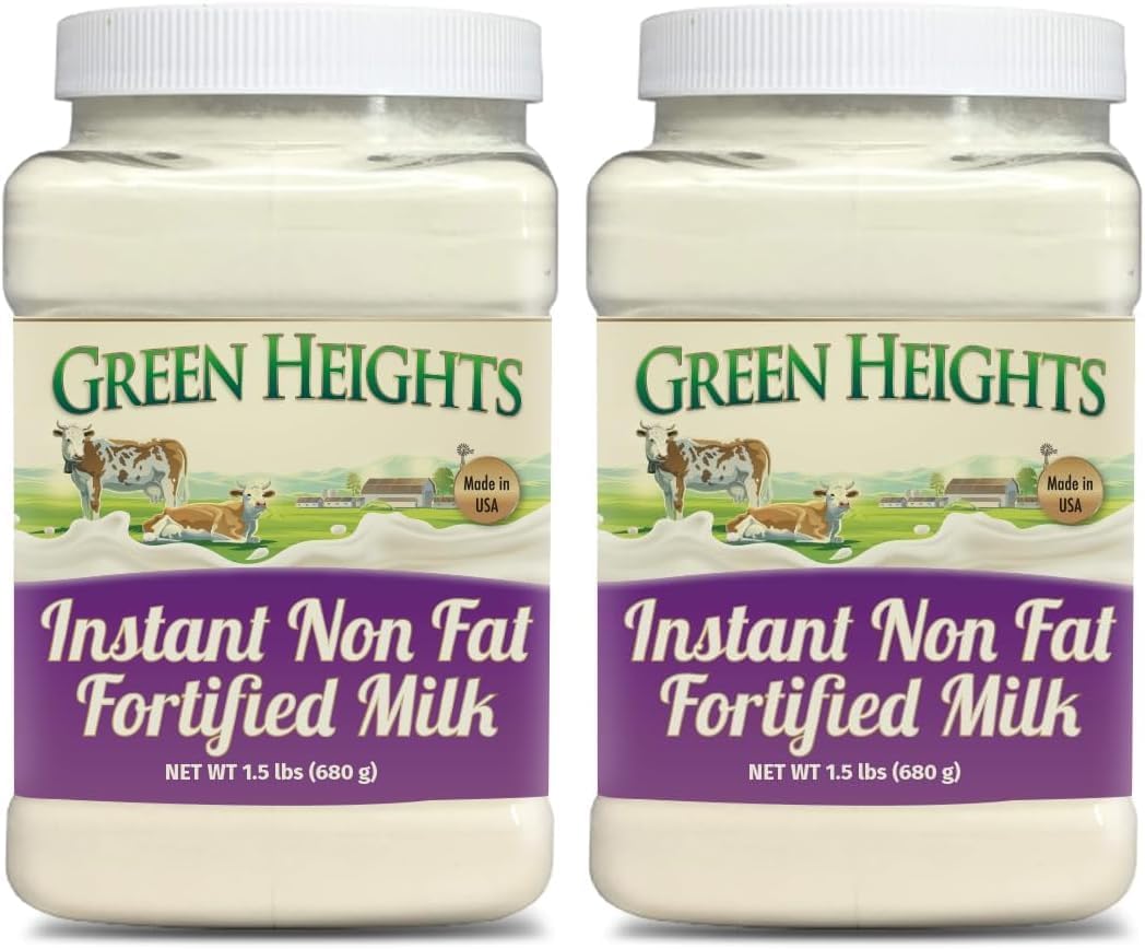 Instant Fortified Nonfat Milk Powder Jar 1.5 lbs - Proudly Made in America - Healthy Nourishing Essentials by Green Heights (Pack of 2)