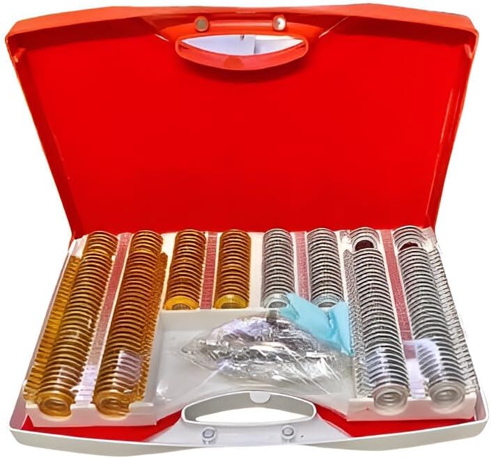 Professional Optical Trial Lens Set, Gold and Silver Metal Lenses with Red Storage Case, Vision Testing Equipment