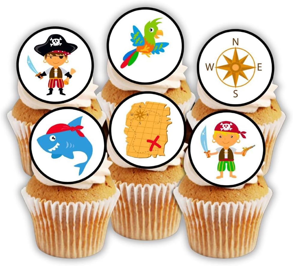 PRECUT Pirate Edible Cupcake Toppers - Theme #2 Premium Thickness SWEETENED VANILLA - wafer card disc cake decorations (12)