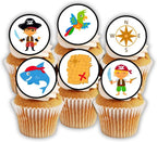PRECUT Pirate Edible Cupcake Toppers - Theme #2 Premium Thickness SWEETENED VANILLA - wafer card disc cake decorations (12)