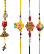 SATVIK Rakhi Combo for Bhaiya Bhabhi – Set of 4 Rakhi's (1 Bhaiya, 1 Bhabhi Lumba, 2 Rakhi) with Puja Plate, Roli Chawal, Greeting Card, Sita-Ram Sticker – Traditional Handmade Raksha Bandhan Gift