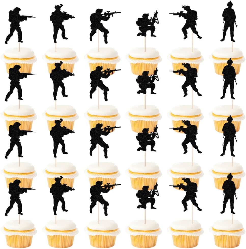 Kaoenla Military Themed Soldier Cake Toppers - 24 Pieces Paper Cups Black Glitter Soldier's Day, Veterans, Men's Birthday, Navy Army Special Forces Decorations