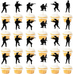 Kaoenla Military Themed Soldier Cake Toppers - 24 Pieces Paper Cups Black Glitter Soldier's Day, Veterans, Men's Birthday, Navy Army Special Forces Decorations