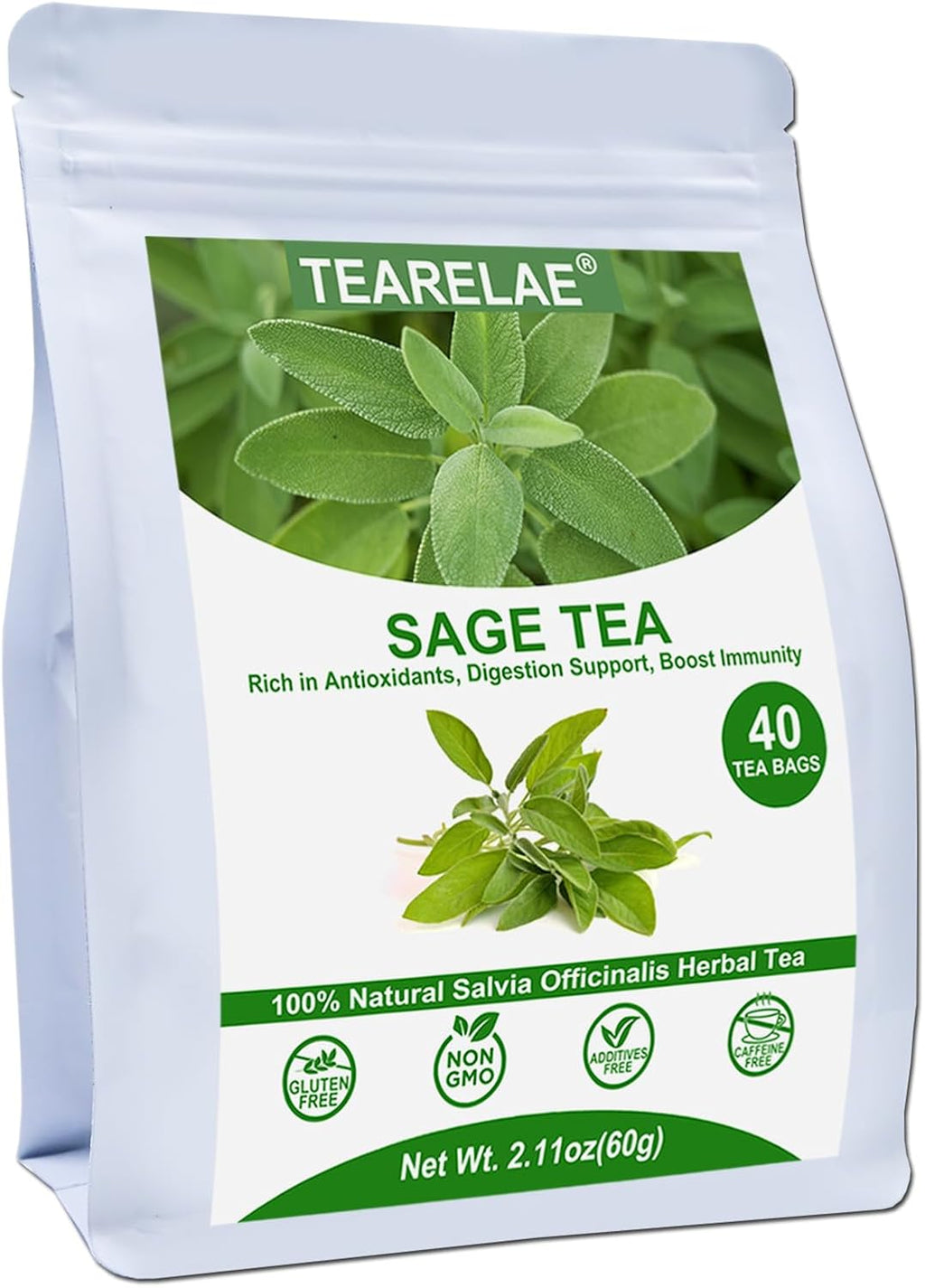 TEARELAE - Premium Sage Leaf Tea Bags - 1.5g x 40 Count - Natural Cut & Sifted Sage Herb Salvia Officinalis - Non-GMO - Caffeine-free - Digestion Support & Breath Support
