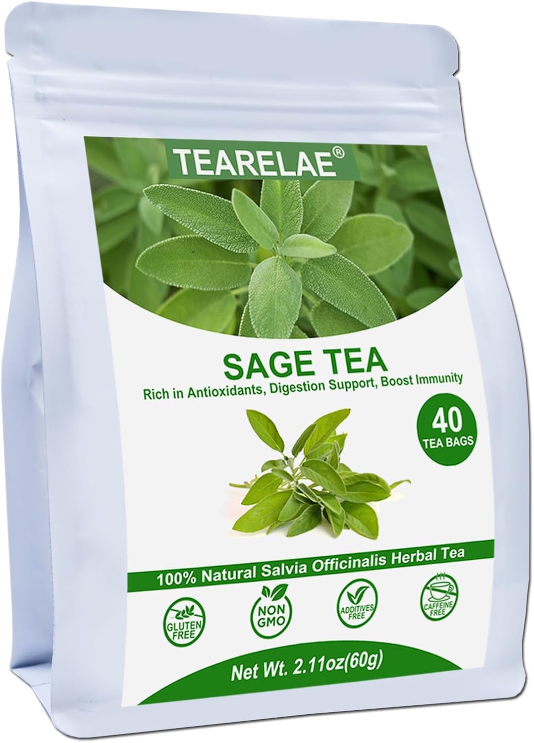 TEARELAE - Premium Sage Leaf Tea Bags - 1.5g x 40 Count - Natural Cut & Sifted Sage Herb Salvia Officinalis - Non-GMO - Caffeine-free - Digestion Support & Breath Support