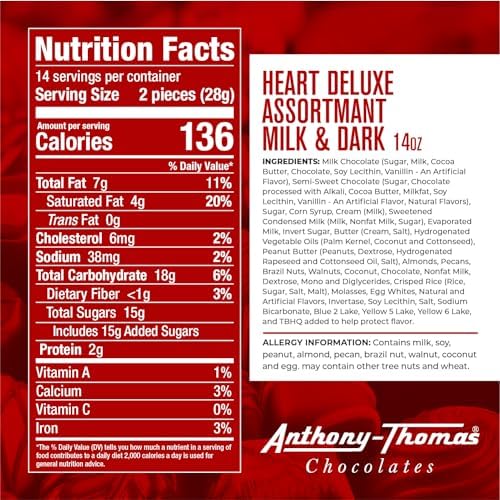 Anthony Thomas, Heart Shaped Box, Mother's Day Chocolates, Milk and Dark Chocolate, Soft Centers, Nuts, Toffee and Caramels, Gift Box, 32 Pieces (14 oz, Milk and Dark)
