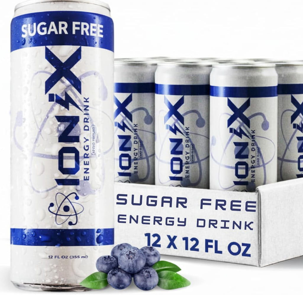 Zero Sugar Energy Drink - ionix Nootropic Drink to Boost Focus and Mood with L-Theanine, Natural Green Tea Caffeine, Vitamins & Prebiotic for Gut Health - 12 fl oz Cans (Pack of 12)