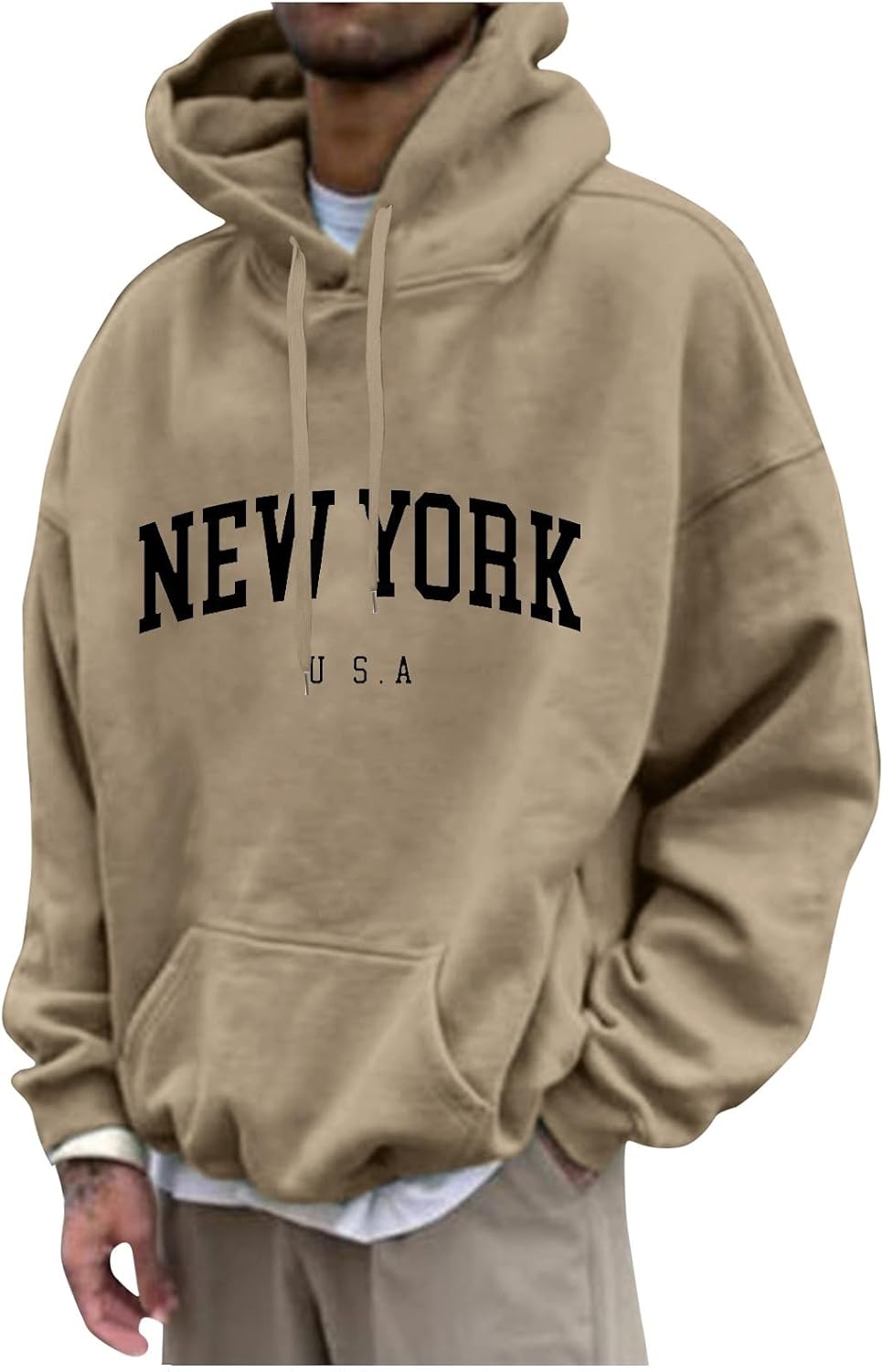 Men's Letter Graphic Print Hoodie Casual Long Sleeve Pullover Oversize New York Sweatshirt Pocket Drawstring Top
