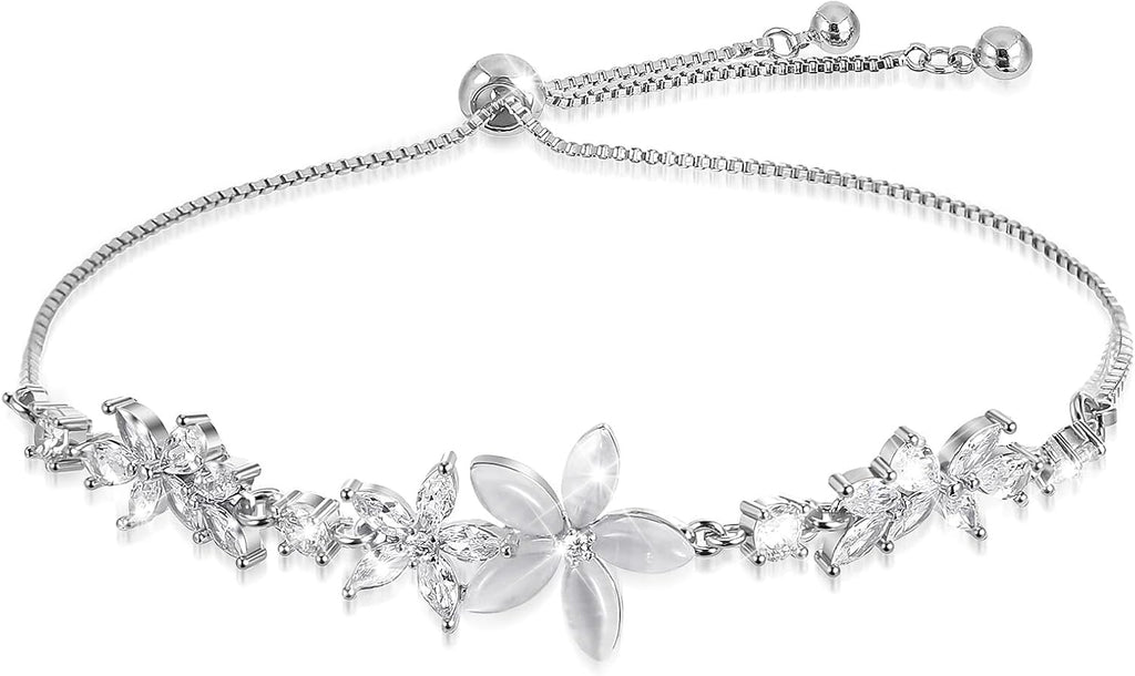 Gold Adjustable Bracelets for Women,Dainty Flower Bracelet Rhinestone Slider Floral Bracelet Floral Jewelry Adjustable Bridesmaid Bracelets Jewelry Gift