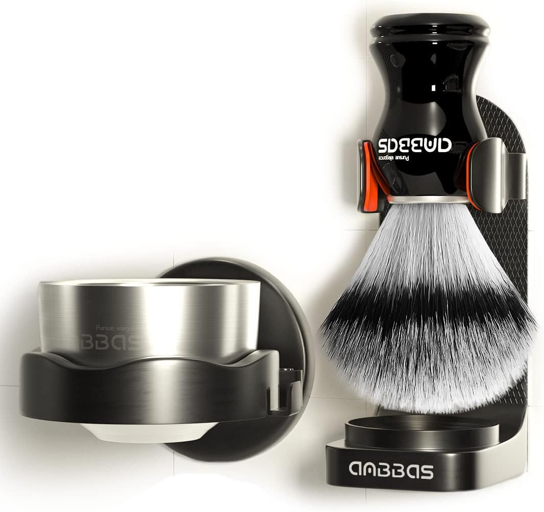 Anbbas Synthetic Badger Shaving Brush and Bowl with Black ABS Wall Mounting Type Holders for Soap Bowl and Brush for Men Wet Shave