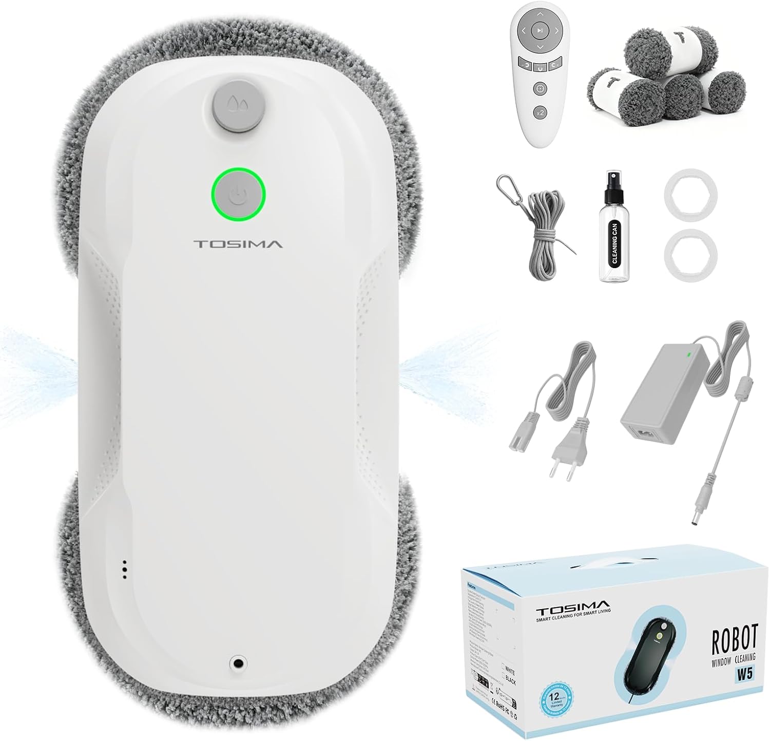 Tosima W5 Window Cleaning Robot, Dual Direction Auto-Spray Smart Window Cleaner with Triple Safety System, Smart Navigation, Remote Control, for All Smooth Surfaces, with 8 Rags, White Robotic Vacuums