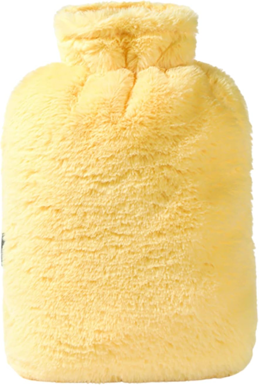 Cute Faux Fur Plush Hot Water Bottle with Fleece Cover, Kawaii Hot Water Bag Cute Faux Fur Cover, Feet Bed Warmer for Neck, Cramps, Shoulders Pain Relief Cold Winter Supplies Gifts for Girls (Yellow)