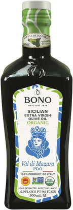 BONO Organic Sicilian Extra Virgin Olive Oil, 16.9 fl oz (500 ml) – Val di Mazara PDO, Cold Extracted, Acidity 0.2–0.4%, USDA Organic, Non-GMO, Clean Label Purity Award, Product of Italy