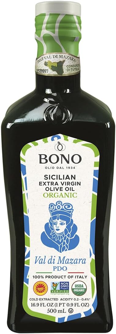 BONO Organic Sicilian Extra Virgin Olive Oil, 16.9 fl oz (500 ml) – Val di Mazara PDO, Cold Extracted, Acidity 0.2–0.4%, USDA Organic, Non-GMO, Clean Label Purity Award, Product of Italy