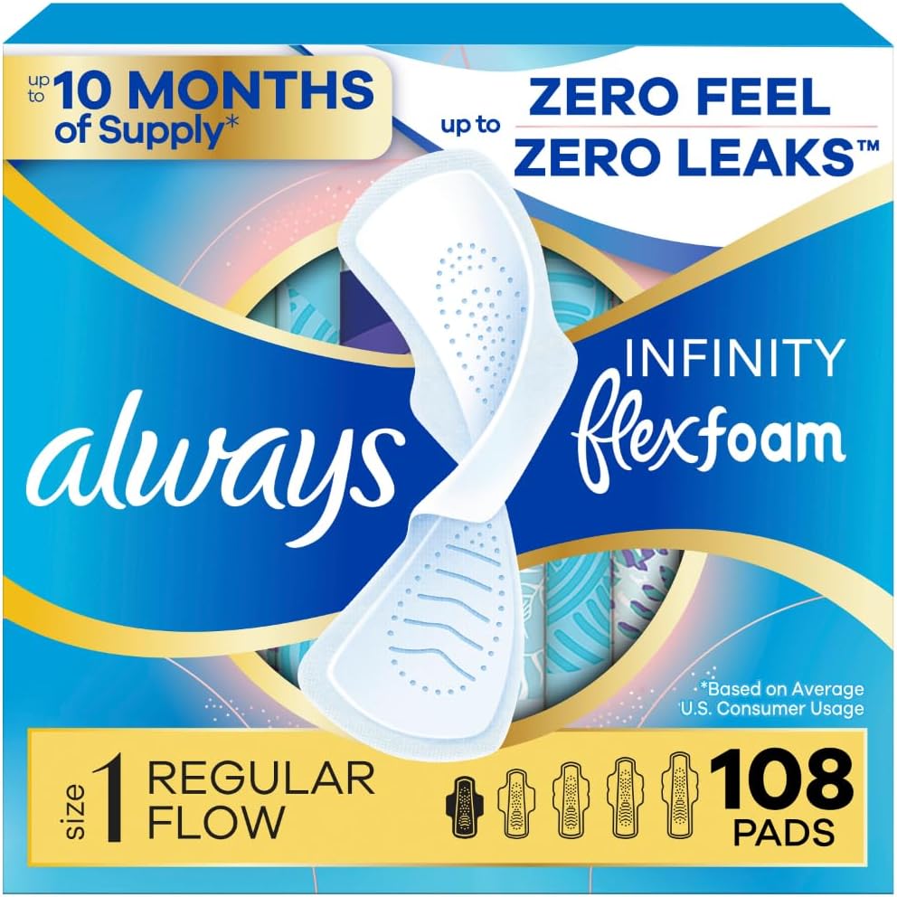 Always Infinity Feminine Pads for Women, Flexfoam Pads with Wings, Size 1, Regular Absorbency, Unscented, 108 Count (3 Packs of 36)