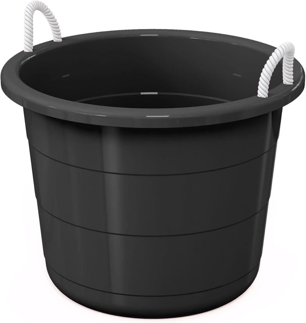 Flexible 17-Gallon Plastic Storage Tub with Rope Handles, Multi-Purpose Utility Bucket, Black
