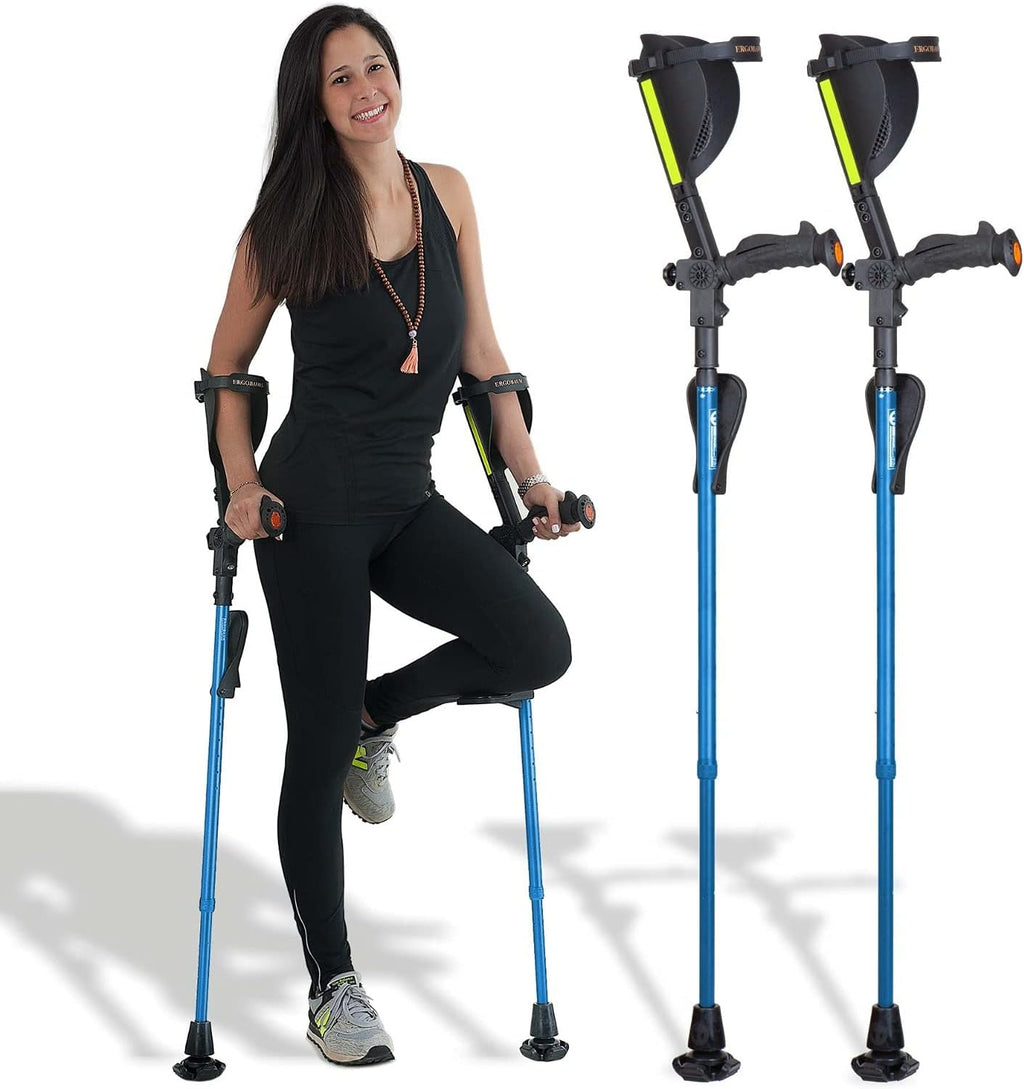 Ergobaum 7G Forearm Crutches for Adults (1 Pair-2 Units) — Ergonomic, Foldable with Shock Absorption, LED Light & Knee Rest | Adjustable 5'–6'6", Supports 360 lbs | Medical Aluminum (Blue)