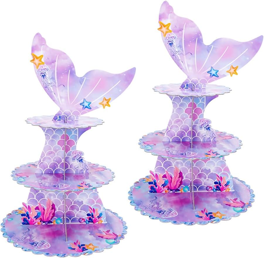 MRPAPA 2Pack Mermaid Cupcake Stand, 3 Tier Party Decorations Mermaid Theme Cupcake Holder Baby Shower Cup Cake Holder Birthday Dessert Stand