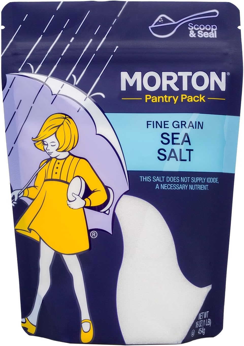 Morton Sea Salt Fine Grain, All-Natural Fine Sea Salt, 1 lb Resealable Pouch, Ideal for Cooking, Baking, Blending & Everyday Seasoning