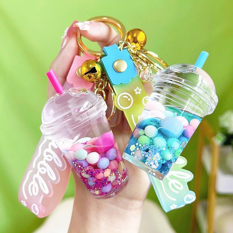 HSYHERE Luminous Lovely Summer Colourful Bean Bubble Tea Keychain Milk Tea Cup Keyring Moving Sand Key Chain Ring Bag Pendant