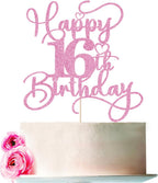 Pink Happy 16th Birthday Cake Topper 1pcs Glitter Cake Topper for sixteen Birthday/Anniversary Theme Party Cake Decorations Supplies