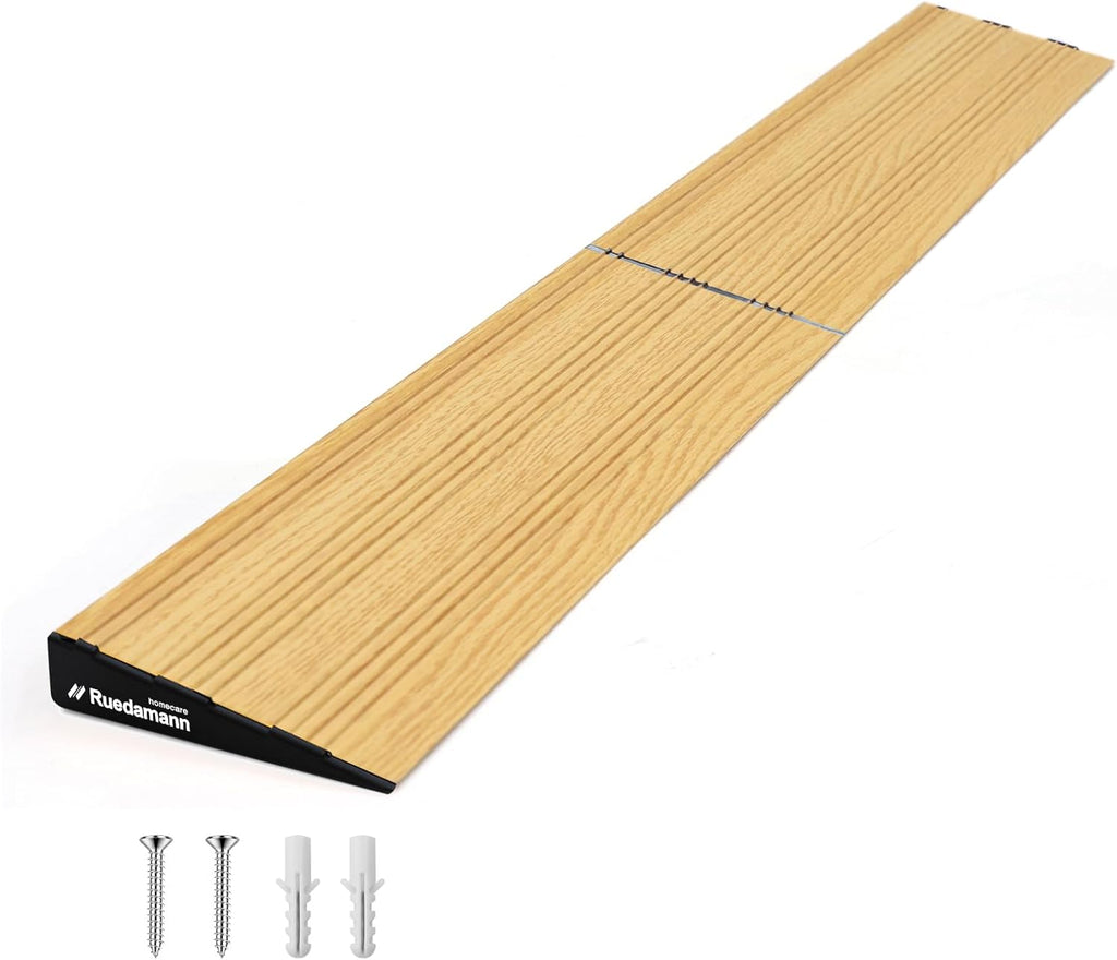 Ruedamann 1" Rise Modular Threshold Ramp for Doorways, 2200 lbs Capacity, Warm Light Wood Grain Door Threshold Ramp, Aluminum Non-Slip Door Ramps for Wheelchair, Walker, Scooter, Pets, 2 Pcs