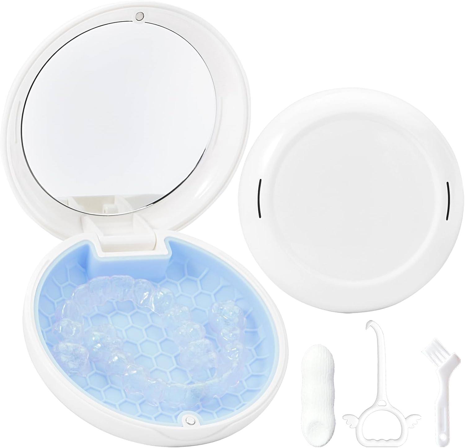 Retainer Case Slim Aligner Case with Vent Holes Cute Dental Brace Box with Retainer Removal Tool and Brush Compatible with Night Guard and Mouth Guard (White Blue)